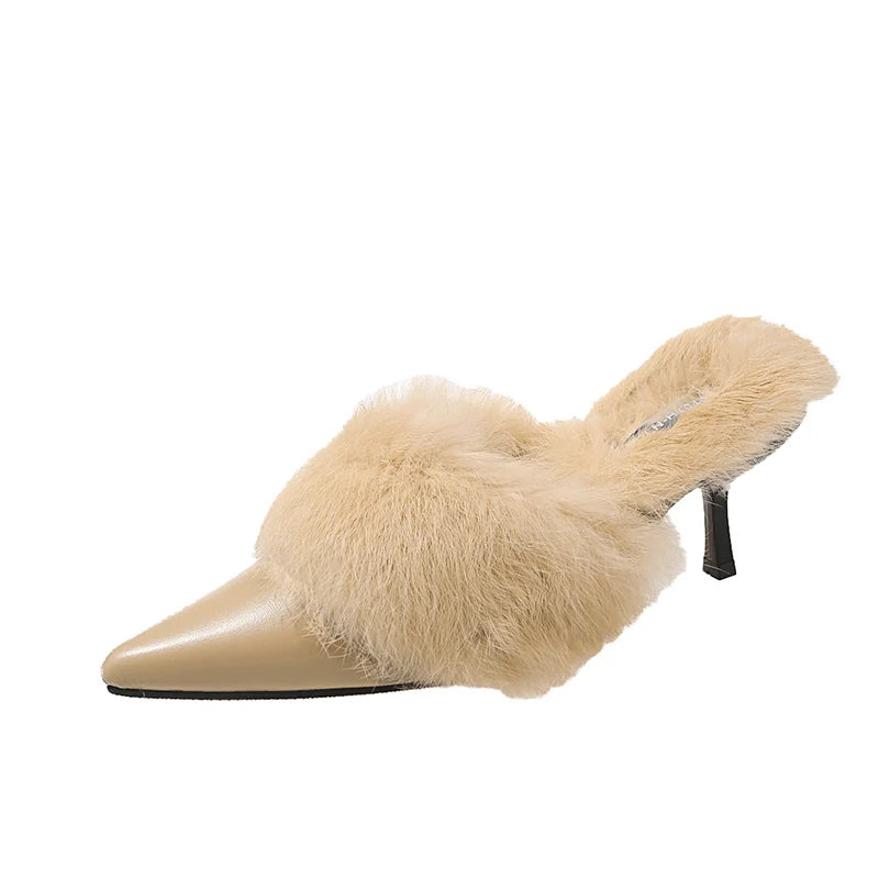 Fur Women Mid Heels Slippers Warm Pointed Toe Shoes 2023 Winter Trend New Plush Cotton Casual Flip Flops Pumps Bottine Femme