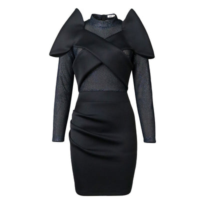 Women Mini Tight Dress Evening Party Dress For Women 2023 Elegant Mesh Long Sleeve O Neck Glitter High Waist Folds Bodycon Dress