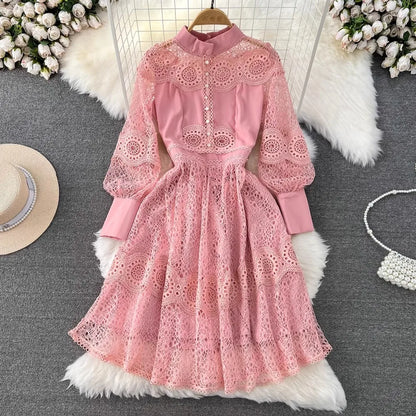 Runway Women Stand Neck Embroidery Hollow Out Lace Dress Elegant Small Fragrance Long Lantern Sleeve Midi Dresses Party Vestidos