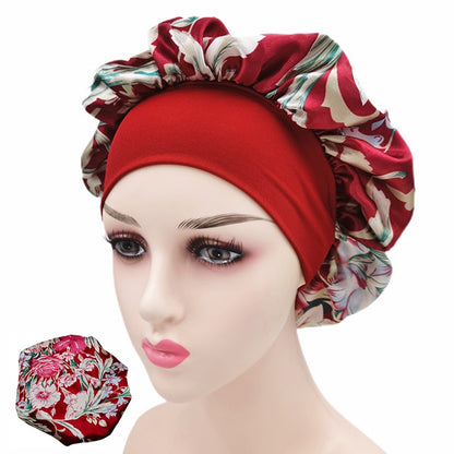 Printing Satin Bonnet For Women Elastic Wide Band Night Sleep Satin Hat Chemo Caps Hair Loss Cover Fashion Head Wrap Hair Care