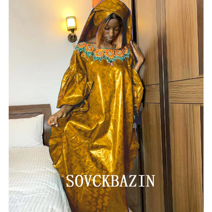 Original Bazin Riche Long Dresses For African Traditional Women Party Clothing Wedding Ceremony Dashiki Robe Basin With Scarf