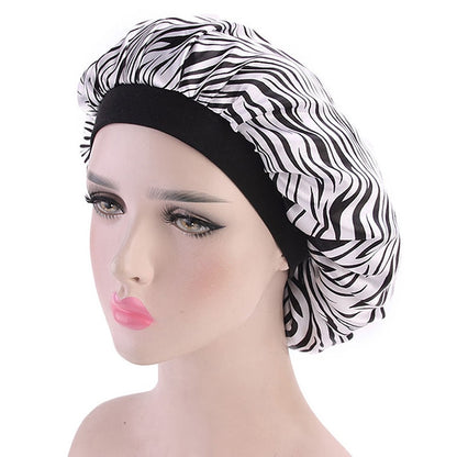 Printing Satin Bonnet For Women Elastic Wide Band Night Sleep Satin Hat Chemo Caps Hair Loss Cover Fashion Head Wrap Hair Care