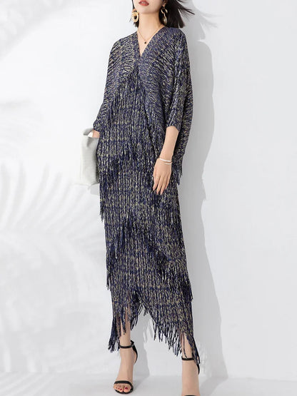 Miyake High End Pleated Maxi Dress Women V Neck Batwing Sleeves Stitching Color Tassel Elegant Dresses Hip-covering Long Skirt