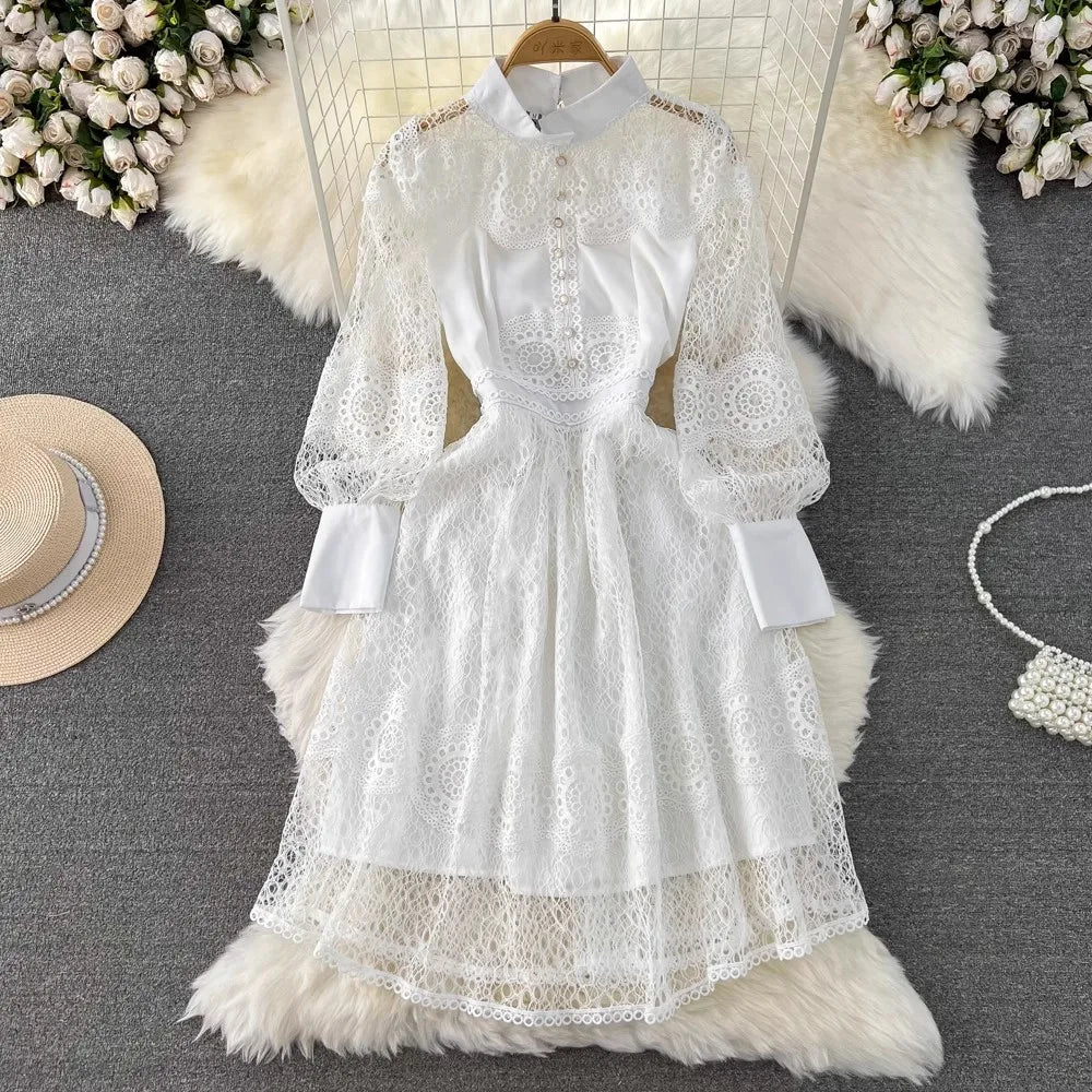 Runway Women Stand Neck Embroidery Hollow Out Lace Dress Elegant Small Fragrance Long Lantern Sleeve Midi Dresses Party Vestidos