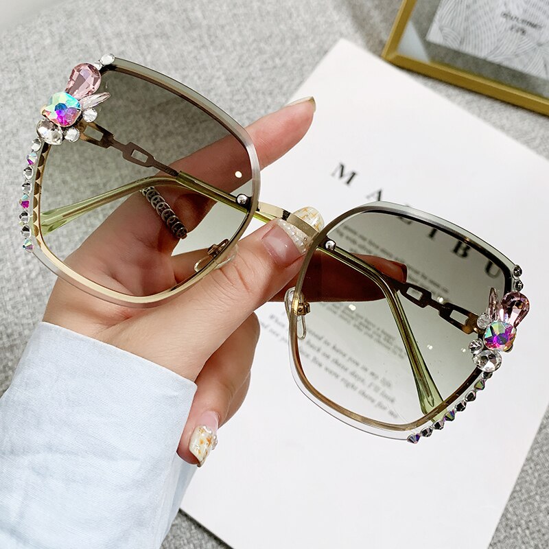 2022 High Quality Rimless Square Diamond Sunglasses Women Brand Designer Vintage Shades Female Pink Eyewear Gafas De Sol