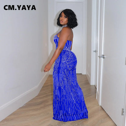 CM.YAYA Women Diamonds Hot Rhinestones Mesh See Though Halter Neck Floor Length Maxi Long Bodycon Midi Sexy Party Club Dresses