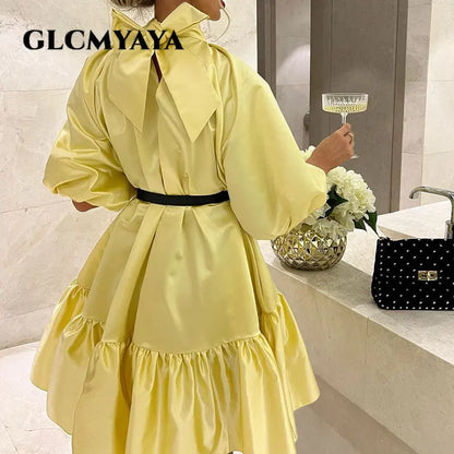 GLCMYAYA Women Ruffles Hem Big Swing Stand Collar Bowknot Hem Lantern Half Sleeve Satin Dress Vestidos 2023 New