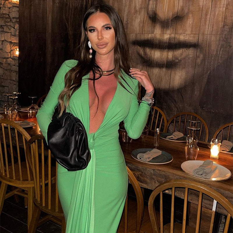 New Fashion Chic And Elegant Lady Dress 2022 Summer Women Solid Outfits With Long Sleeve Tie Slim Evening Party Green Clothing