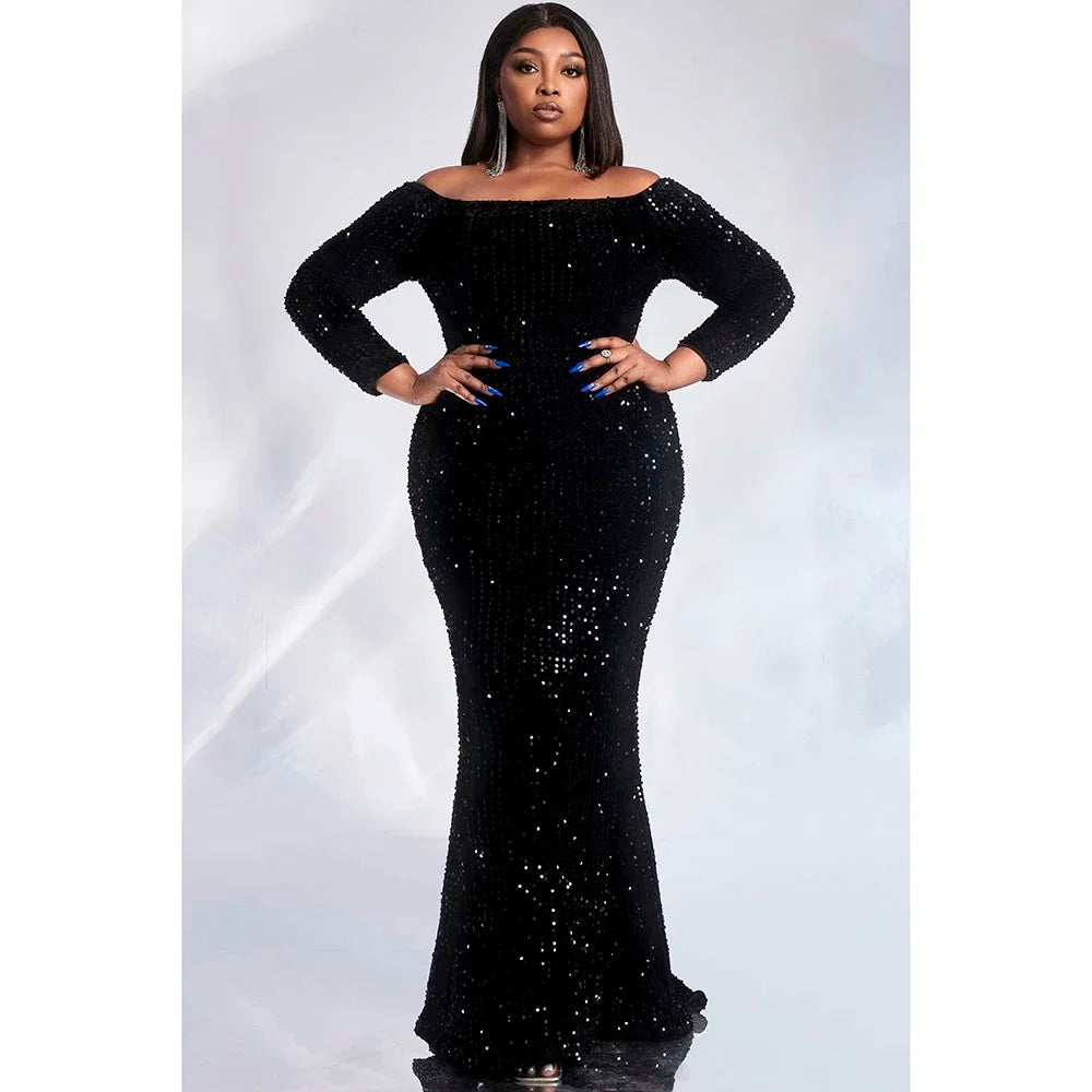 Plus Size Fashion Women's Black Satin Sequin Dress 2024 Long Sleeve Maxi Dress Casual Holiday Solid Color Robe