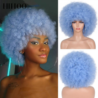 Halloween Wig Short Black Hair Cosplay Afro Kinky Curly Wig With Bangs Women's Wigs Blonde Wig Pink Synthetic Wig Blue Red Brown