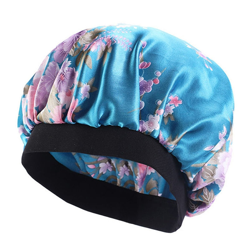 Printing Satin Bonnet For Women Elastic Wide Band Night Sleep Satin Hat Chemo Caps Hair Loss Cover Fashion Head Wrap Hair Care