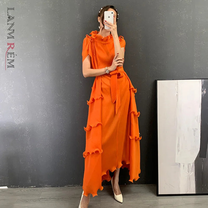 LANMREM Pleated Long Dress Female Loose Bandage Ruffles Design Solid Color Dresses Women's Fashion Clothing 2025 Spring 2W2090