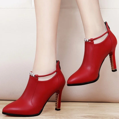 Botas Mujer2023New Winter Boots Women Shallow Round Toe Red Women's Boots Thin Heels Zip Ankle Boots Pu Leather Zapatos De Mujer