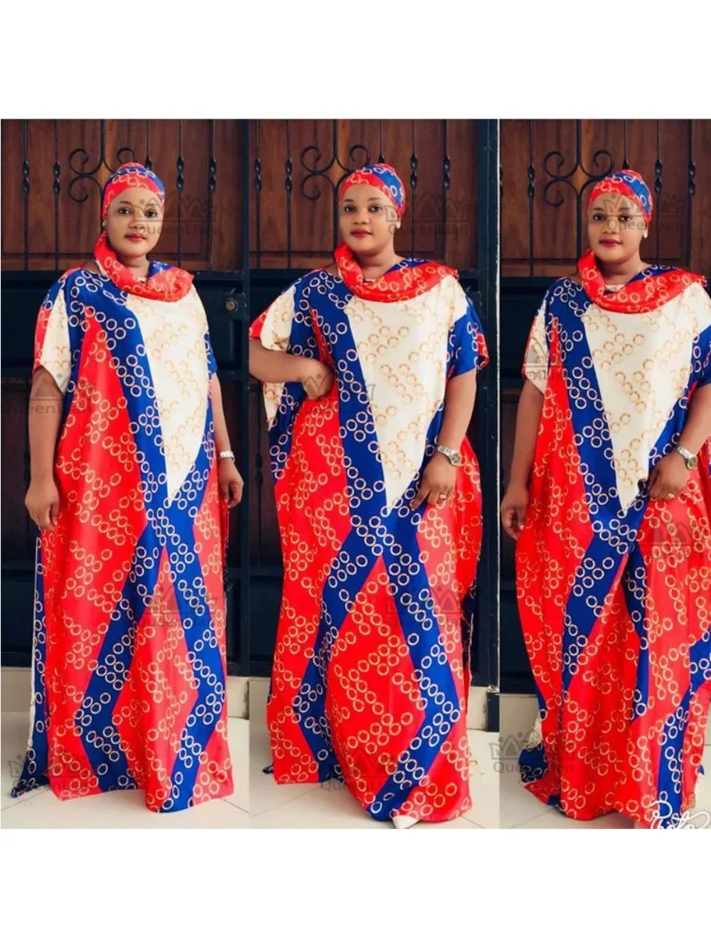 Length：150cm,Bust:190cm Free Size New  Chiffon Super  African  Dashiki Traditional Party Dress with Scaf  for Lady