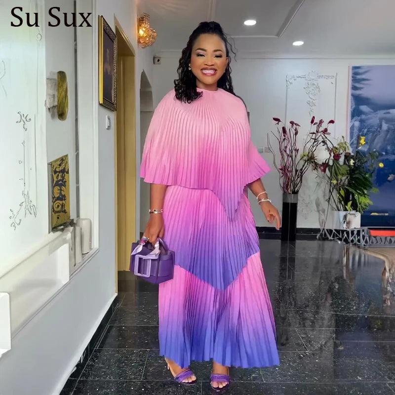 Gradient Pleated Maxi Dress African Dresses For Women Traditional Elegant 3 Pieces Sets Dress Africa Clothing Robe Party 2024