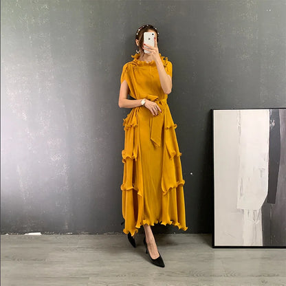 LANMREM Pleated Long Dress Female Loose Bandage Ruffles Design Solid Color Dresses Women's Fashion Clothing 2025 Spring 2W2090