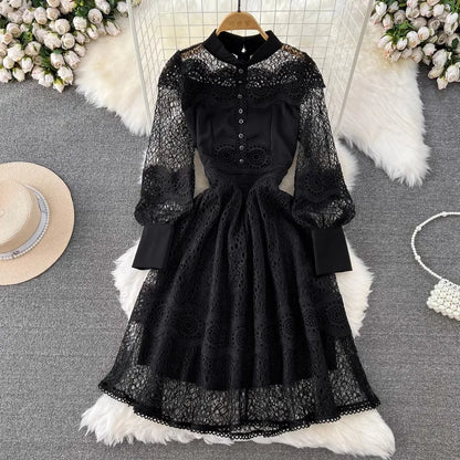 Runway Women Stand Neck Embroidery Hollow Out Lace Dress Elegant Small Fragrance Long Lantern Sleeve Midi Dresses Party Vestidos