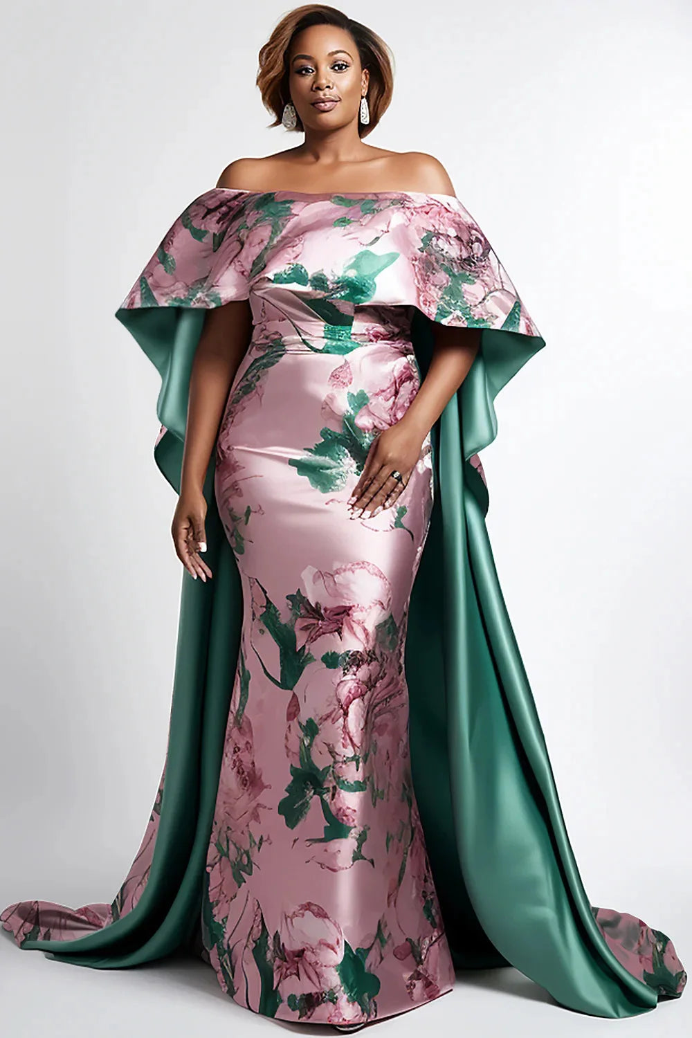 Women Stain Plus Size Dress Mother Of The Bride Pink Floral Off The Shoulder Cape Sleeve Satin Maxi Dresses Elegant Party Dress