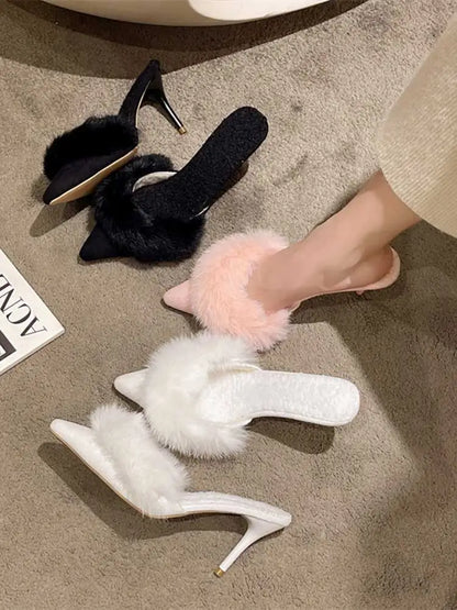 High-Heeled Shoes Lady Pointed Toe Woman's Slippers Med Slides Fur Flip Flops Flock 2023 Thin Cover Plush Soft Rubber Autumn PU