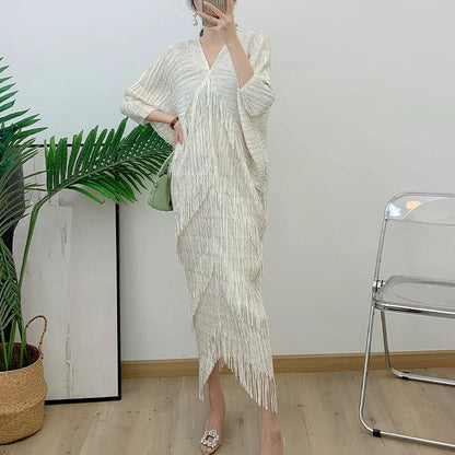 Miyake High End Pleated Maxi Dress Women V Neck Batwing Sleeves Stitching Color Tassel Elegant Dresses Hip-covering Long Skirt