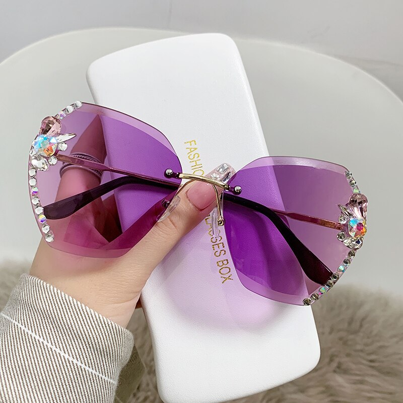 2022 High Quality Rimless Square Diamond Sunglasses Women Brand Designer Vintage Shades Female Pink Eyewear Gafas De Sol