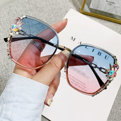 2022 High Quality Rimless Square Diamond Sunglasses Women Brand Designer Vintage Shades Female Pink Eyewear Gafas De Sol