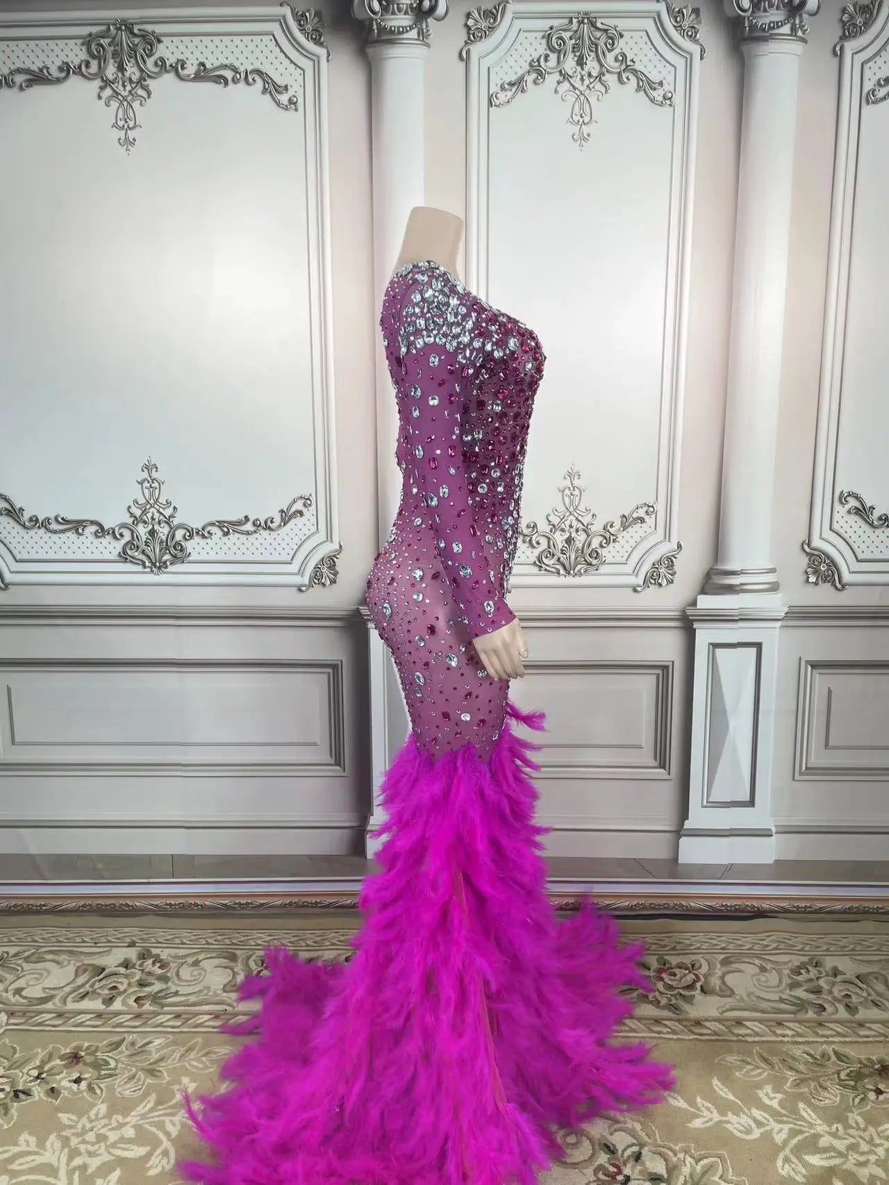 Sexy Transparent Celebrate Evening Prom Gown Birthday Dress for Women Sparkly Rhinestones Feather Dress Festival Outfit