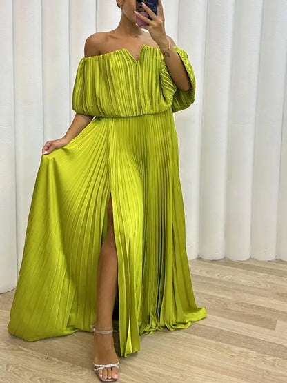 Yeezzi Solid Color Pleated A-line Long Dress Women 2024 New Summer Off-The-Shoulder Side-Slit Elegant Party Evening Maxi Dresses