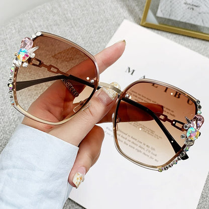 2022 High Quality Rimless Square Diamond Sunglasses Women Brand Designer Vintage Shades Female Pink Eyewear Gafas De Sol