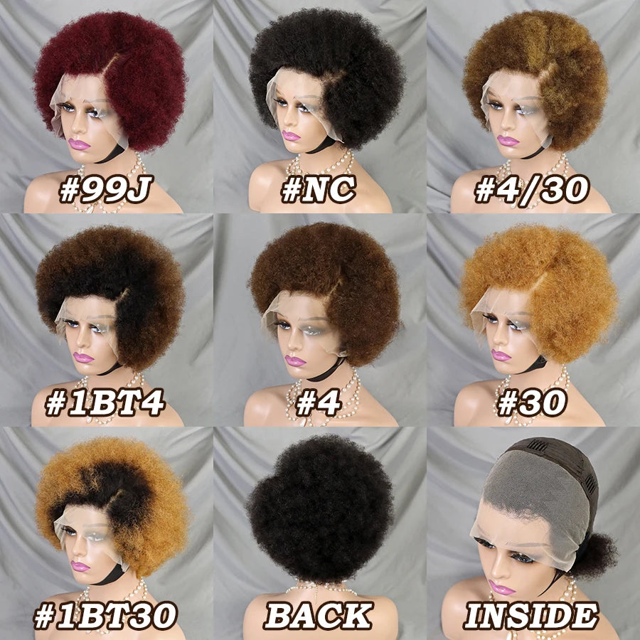 【13X4】Afro Kinky Curly Lace Front Wig Human Hair Natural Color Afro Side Part  Natural Hairline 13X4 Glueless Short Human Hair