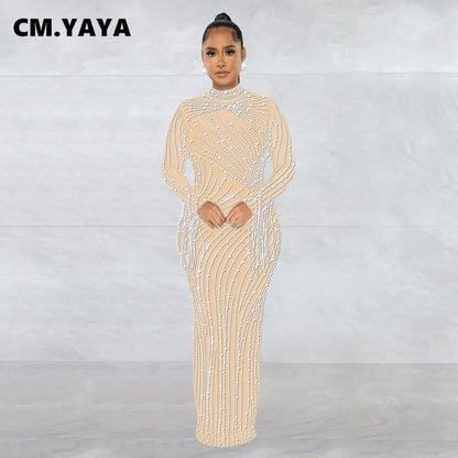 CM.YAYA Women Mesh Tassel Long Sleeve Diamonds Hot Rhinestones Bodycon Midi Maxi Long Dress and Tank Inner Dresses 2piece Suit