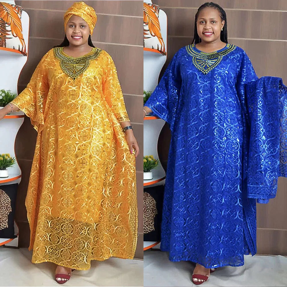 Dashiki African Dresses for Women Spring Summer African Women Blue Yellow O-neck Long Dress Inner and Headtie African Clothes