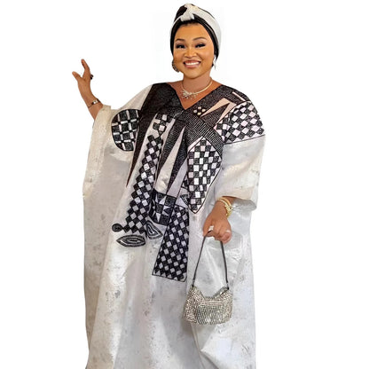 African Dress For Woman Plus Size Dress Bazin Riche Embroidery With Embroidery Floor Long Dress With Scarf