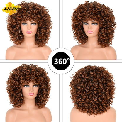 Lizzyhair Red Brown Copper Short Curly Synthetic Wigs for Black Women African Cosplay Natural Afro Wig with Bangs Heat Resistant