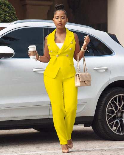 2022 Women Summer Sleeveless Notch Neck Blazers Long Pants Suit Two Piece Set Vintage Office Lady Tracksuit Outfit Overall