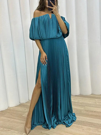 Yeezzi Solid Color Pleated A-line Long Dress Women 2024 New Summer Off-The-Shoulder Side-Slit Elegant Party Evening Maxi Dresses