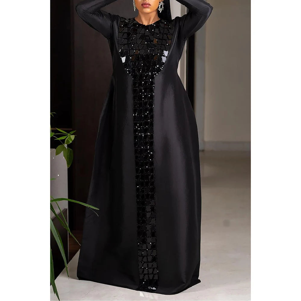 Plus Size Fashion Women's Black Satin Sequin Dress 2024 Long Sleeve Maxi Dress Casual Holiday Solid Color Robe