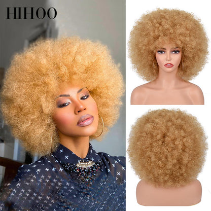 Halloween Wig Short Black Hair Cosplay Afro Kinky Curly Wig With Bangs Women's Wigs Blonde Wig Pink Synthetic Wig Blue Red Brown