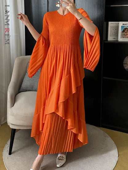 LANMREM Designer Pleated Long Dress For Women Sleeve Split Irregular Ruffles Solid Party Dresses Elegant 2024 Spring New 2DA4611