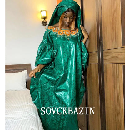 Original Bazin Riche Long Dresses For African Traditional Women Party Clothing Wedding Ceremony Dashiki Robe Basin With Scarf