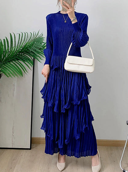 GVUW Pleated Fungus Dress Women Round Collar Full Sleeve Solid Color A Line Chic Style Fashion New 2024 Female Dresses 17G7795