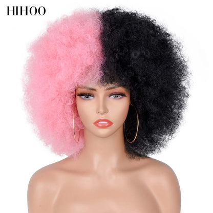 Halloween Wig Short Black Hair Cosplay Afro Kinky Curly Wig With Bangs Women's Wigs Blonde Wig Pink Synthetic Wig Blue Red Brown