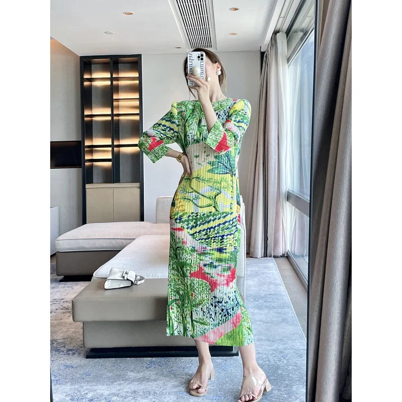 MIYAKE Pleated traffic Top women 2024 High end fashion niche design sense, trendy style long dress