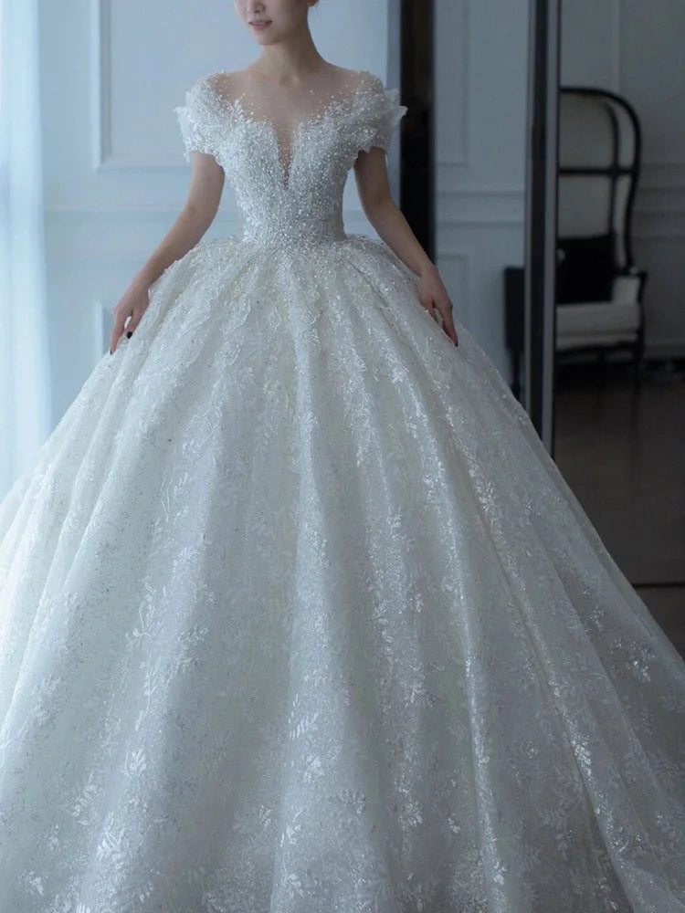 Exquisite Off Shoulder Luruxy Wedding Dress 2023 New Bride Small Main Yarn Super Heavy Industry Beading Pearls Tail Princess