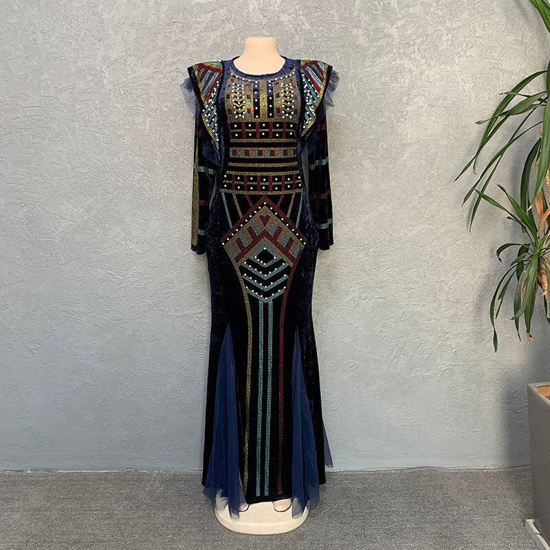 New Winter Women Bazin Rich African Ethnic Printed Rhinestone Dress Autumn Velvet Fashion Exotic Party Maxi Dresses For Women