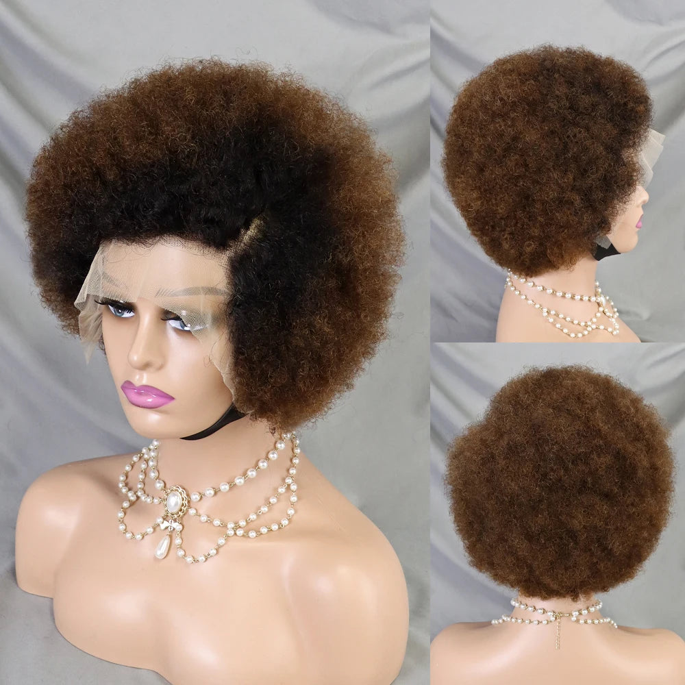 【13X4】Afro Kinky Curly Lace Front Wig Human Hair Natural Color Afro Side Part  Natural Hairline 13X4 Glueless Short Human Hair