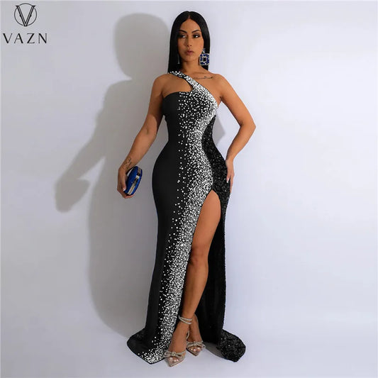 VAZN 2023 One Shoulder Lady Long Dresses Hot Sale Sleeveless Pure Color Dress Sexy Club Party Style Women Floor Length Dress