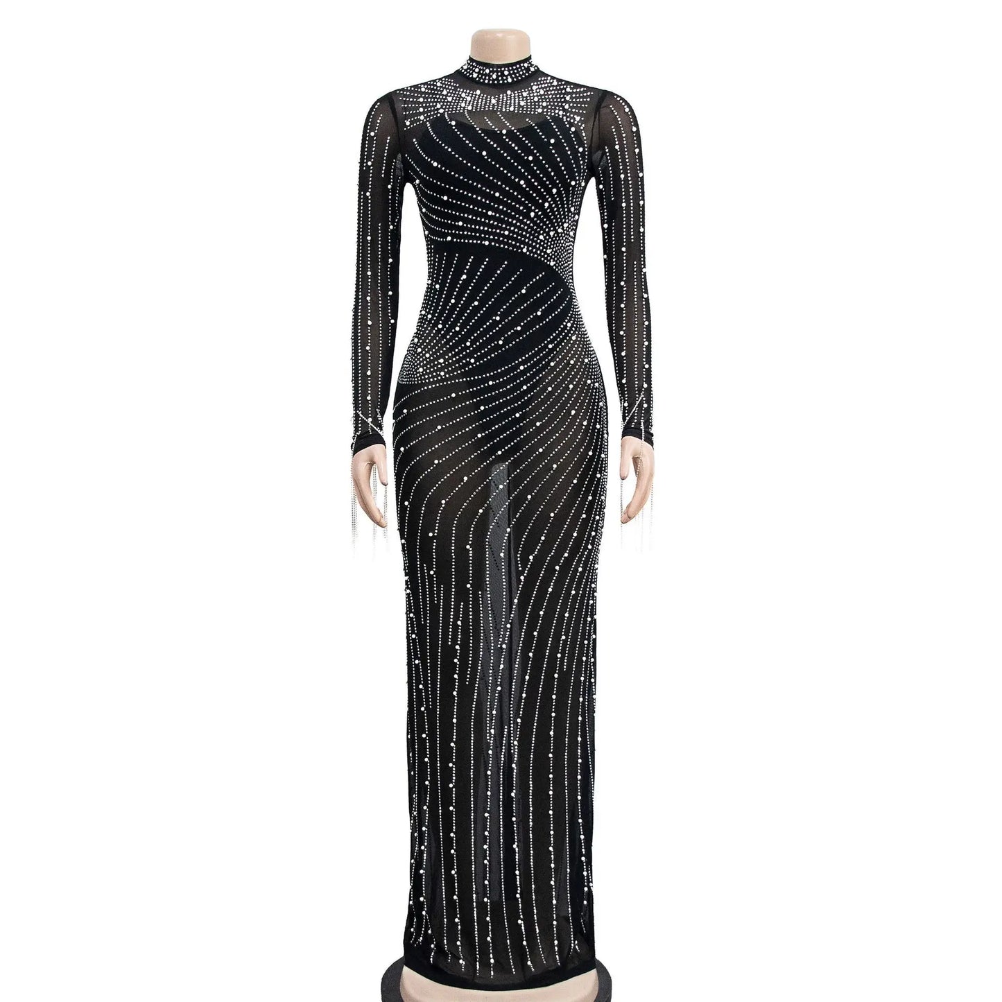 CM.YAYA Women Mesh Tassel Long Sleeve Diamonds Hot Rhinestones Bodycon Midi Maxi Long Dress and Tank Inner Dresses 2piece Suit