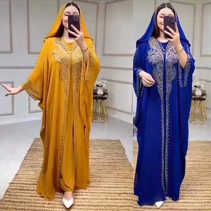 Beading Chiffon Maxi Dress Caftan Abaya Dubai Luxury Muslim Women Clothing Hijabs Femme Plus Size Hooded Long Dresses African