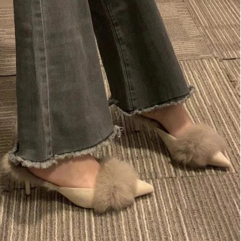 Fur Pointed Toe Sexy Women Home Slippers Mid Heels Elegant Mules Shoes Winter 2024 New Designer Fashion Short Plush Mujer Botas